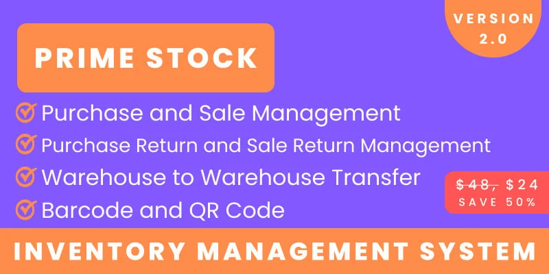 PrimeStock inventory management PHP script dashboard showing real-time stock tracking and warehouse management interface