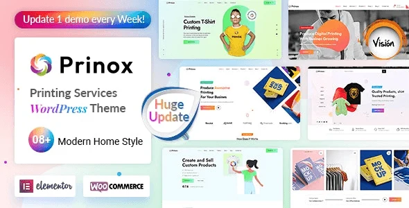 Prinox print shop WordPress theme with Elementor page builder and WooCommerce integration for printing businesses