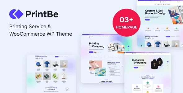 PrintBe printing service WordPress theme preview showcasing portfolio and WooCommerce features