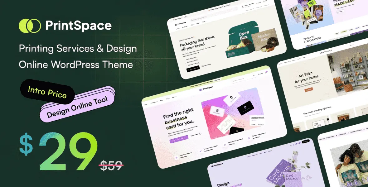 PrintSpace WooCommerce theme homepage showcasing a professional printing services website with custom product displays