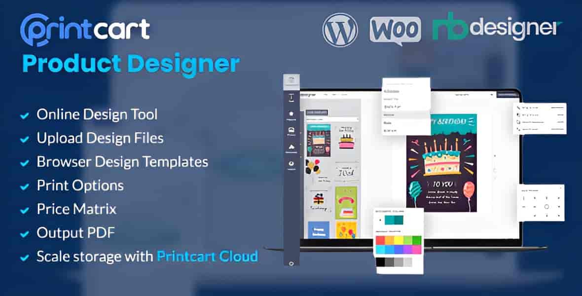 Printcart Product Designer WooCommerce plugin interface showing cloud storage integration for product customization