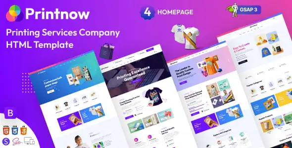 Printnow HTML template homepage showing clean modern layout for printing services website