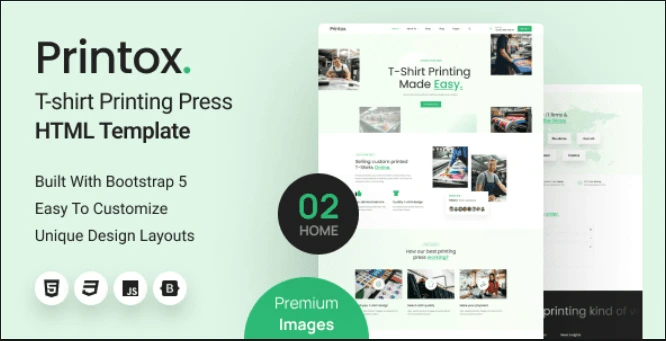 Printox HTML template preview showcasing a modern t-shirt printing website layout with responsive design