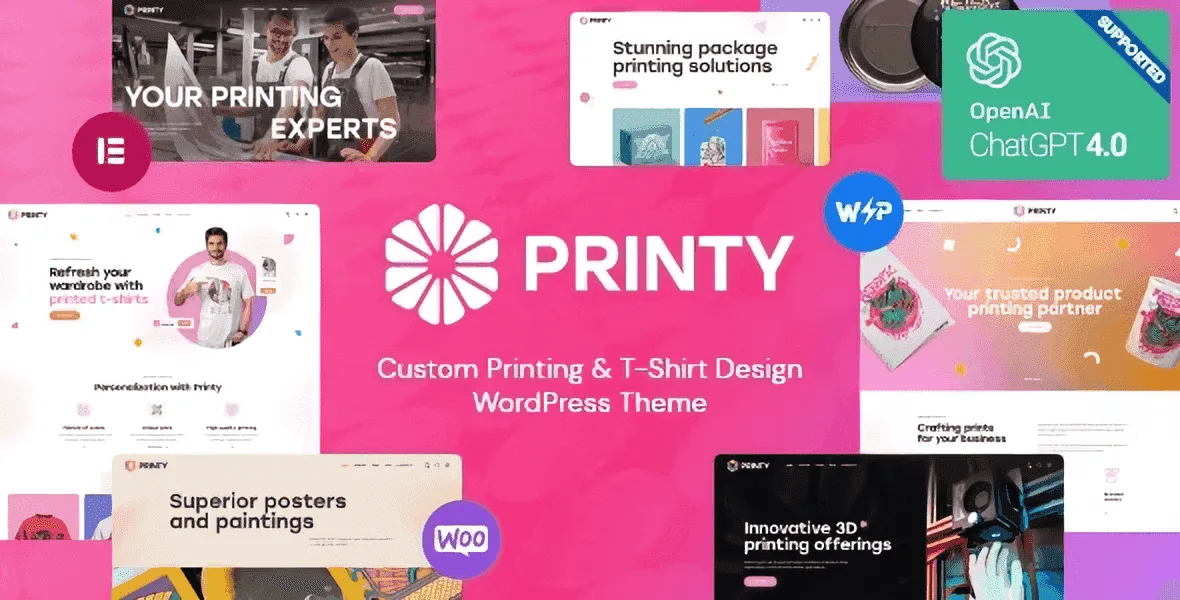 Printy WordPress theme homepage demo showing printing services layout with Elementor Pro