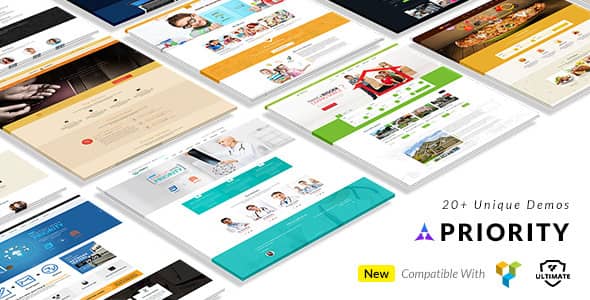 Priority multipurpose WordPress theme dashboard showing demo library with Attorney, Medical, Real Estate, and Restaurant templates