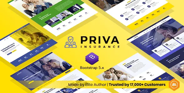 Priva insurance company website template preview with responsive Bootstrap 5 layout and RTL support