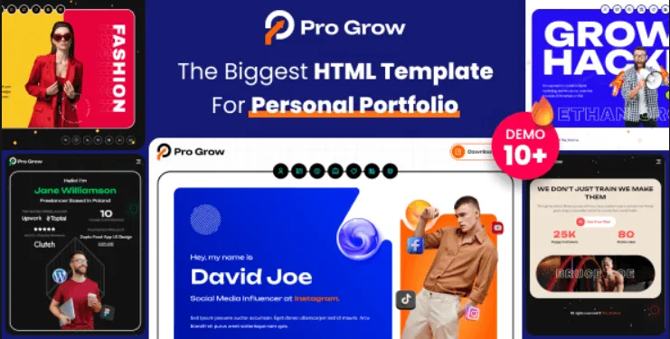 Pro Grow portfolio HTML template showcasing professional resume and CV website layouts with modern animations