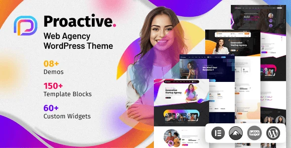 Proactive agency WordPress theme showcasing modern business website layouts with Elementor page builder