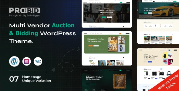 Probid multi vendor auctions WordPress theme showing auction marketplace layout