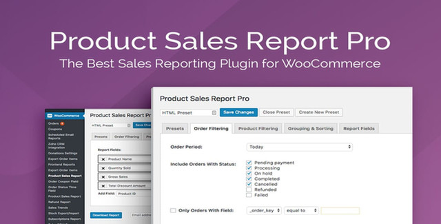 Product Sales Report Pro for WooCommerce plugin interface showing sales analytics dashboard and report generation options