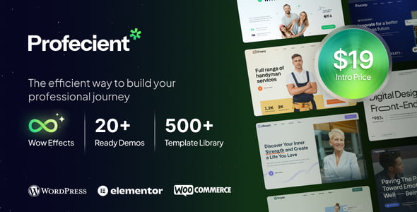 Profecient Elementor WooCommerce WordPress theme preview showing responsive multipurpose business site design