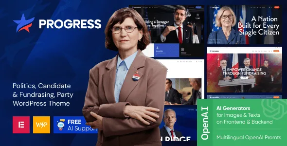 Progress political WordPress theme homepage preview with campaign fundraising layout