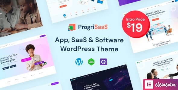 ProgriSaaS Elementor landing page WordPress theme homepage preview showing SaaS layout with header builder and responsive design