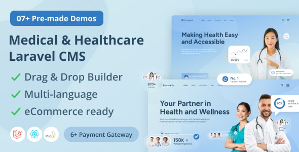 Prohealth Laravel healthcare CMS with live page builder and appointment scheduling