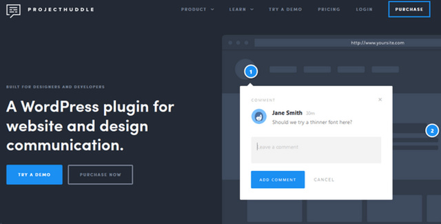 ProjectHuddle WordPress feedback plugin showing sticky-note style client comments on a design mockup