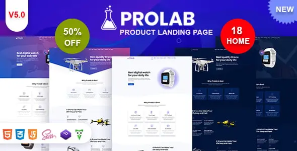 Prolab HTML product landing page template showing multiple homepage layouts in light and dark modes on desktop and mobile devices