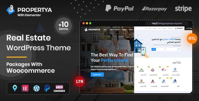 Propertya responsive real estate WordPress theme homepage demo with property listings and Elementor page builder integration