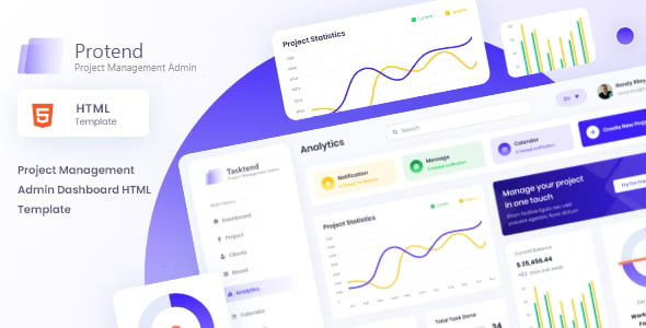 Protend project management admin dashboard HTML template preview showing analytics and project management interface