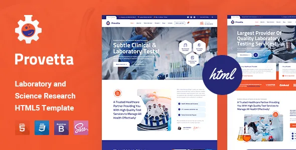 Provetta laboratory HTML5 template homepage preview showing clean scientific research design with Elementor Pro editing interface