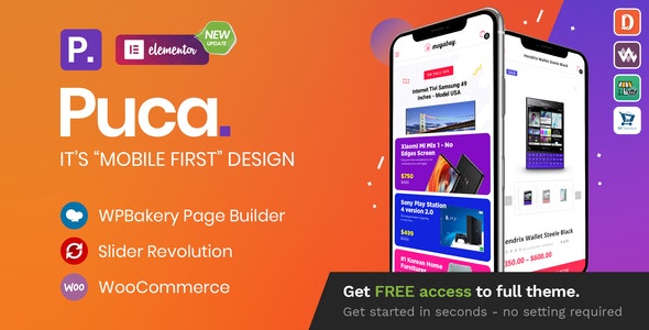Puca mobile optimized WooCommerce theme for WordPress with Elementor integration