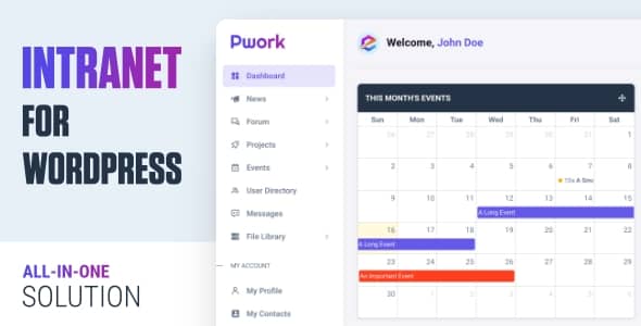Pwork WordPress intranet plugin dashboard showing personal panel with widgets, news feed, and project overview