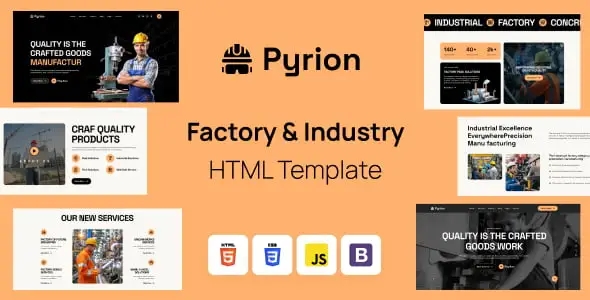 Pyrion industrial HTML template homepage showing factory manufacturing layout with Bootstrap 5 responsive design