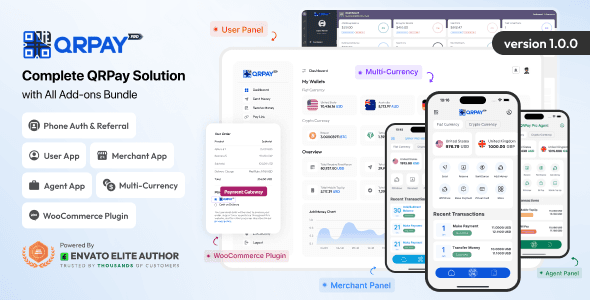 QRPay Pro QR Payment PHP Script Bundle dashboard showing user, merchant, and agent application interfaces