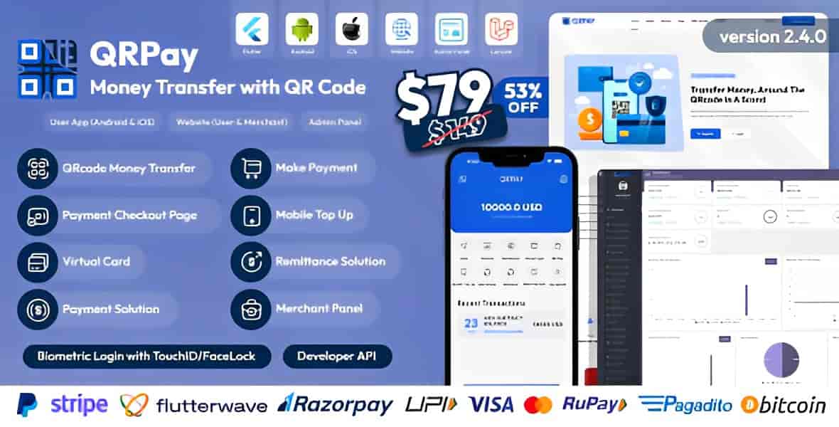 QRPay QR code money transfer PHP script dashboard interface
