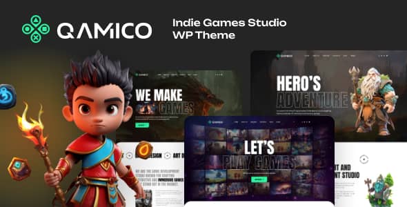 Qamico indie game studio WordPress theme with modern gaming design and interactive features