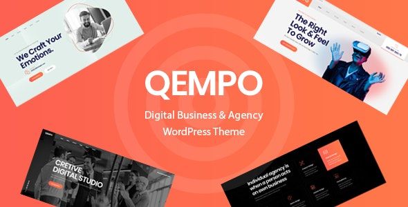 Qempo Digital Agency WordPress Theme homepage preview showing Elementor editor and modern agency design