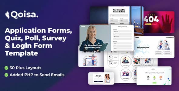 Qoisa Bootstrap HTML template preview showing forms, quizzes, and surveys interface