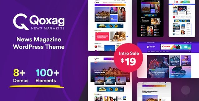 Qoxag WordPress news magazine theme preview with Elementor page builder layouts