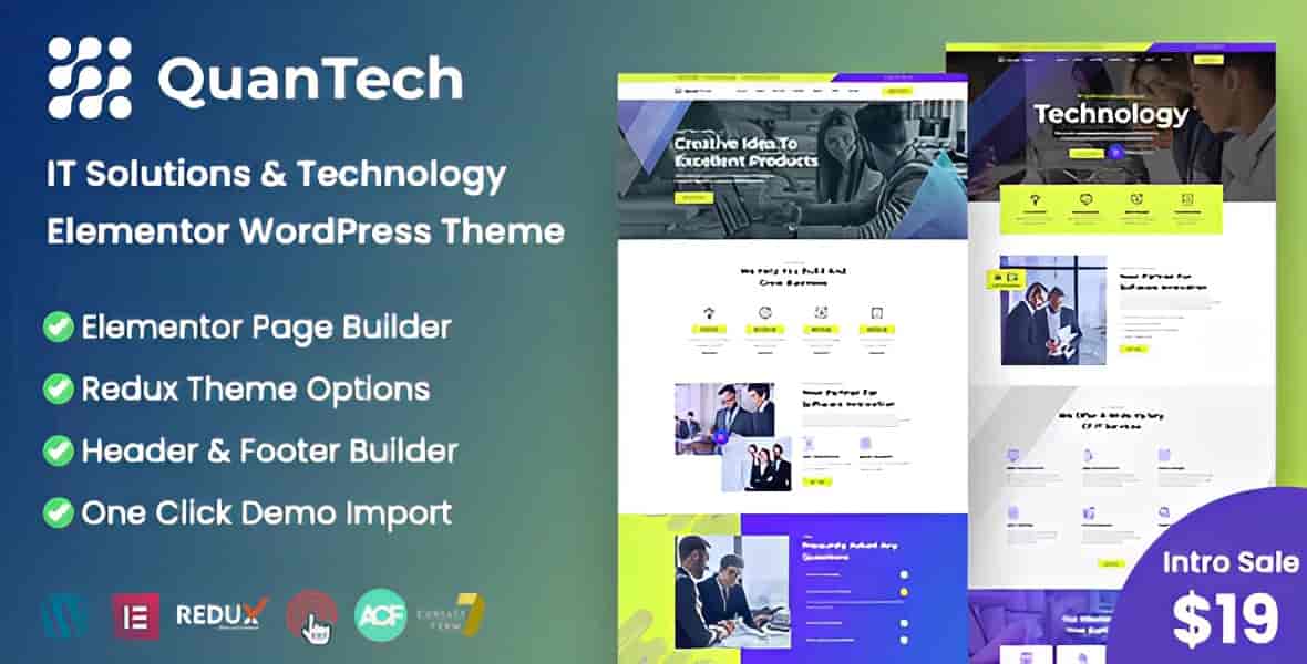 Quantech IT solutions WordPress theme preview showcasing a modern technology business website layout built with Elementor PRO