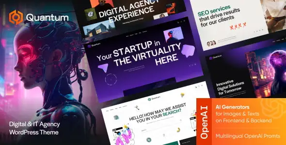 Quantum digital agency WordPress theme homepage layout with modern design