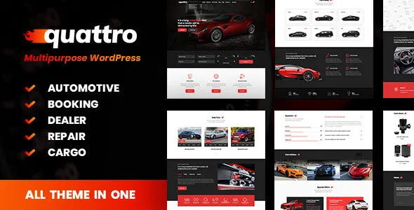 Quattro automotive WordPress theme screenshot showing car booking interface and vehicle search