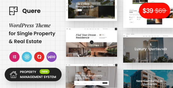 Quere real estate WordPress theme with Elementor and property listing plugin