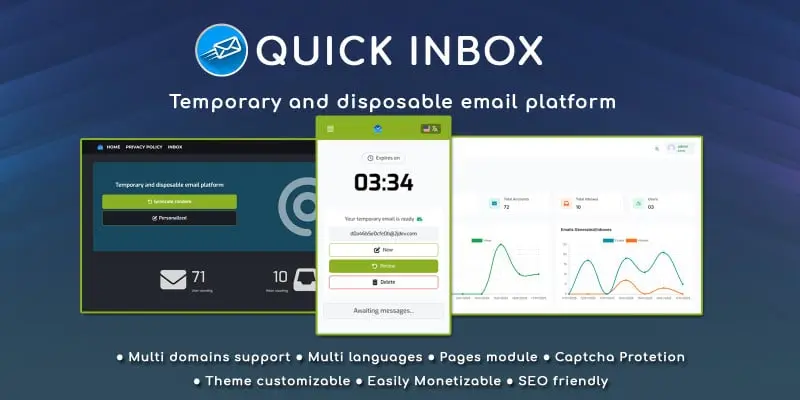 Quick Inbox temporary email generator PHP script admin dashboard showing email statistics and server management