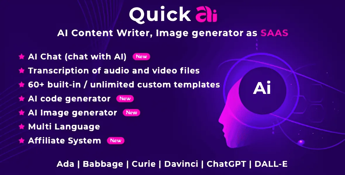 QuickAI OpenAI SaaS admin dashboard showing AI content templates and user group settings