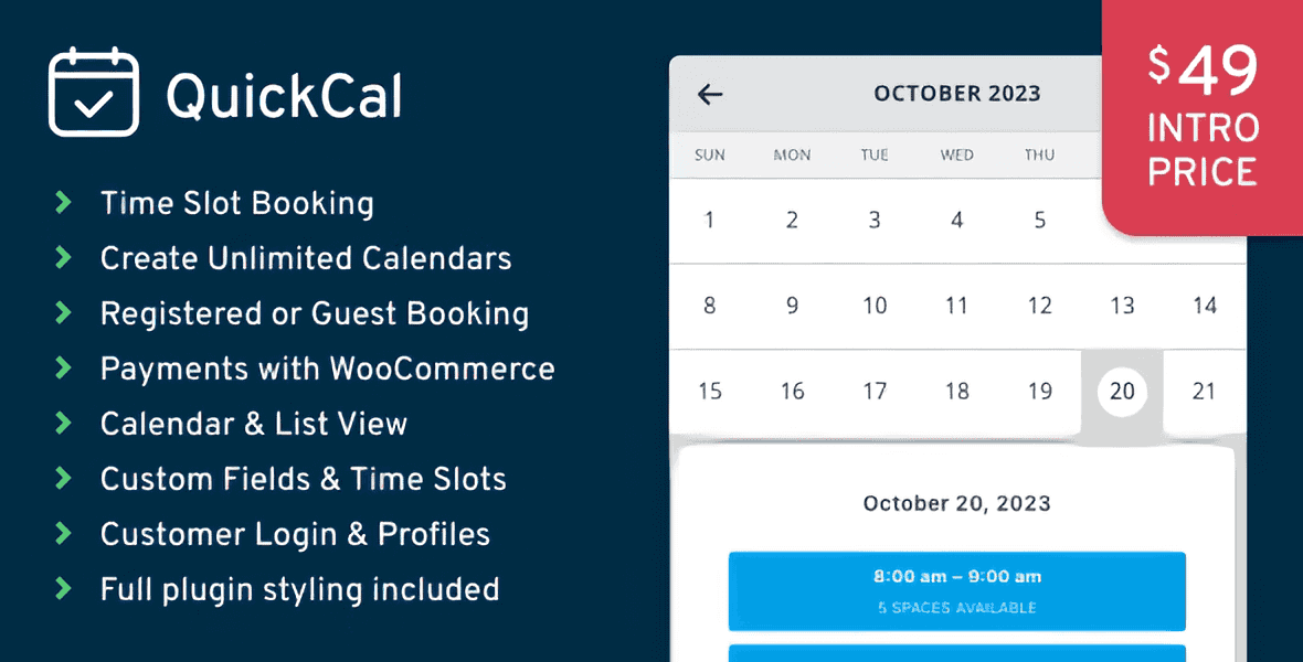 QuickCal WordPress appointment booking plugin interface showing calendar widget and scheduling dashboard