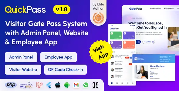 QuickPass visitor management system dashboard showing admin panel, visitor check-in interface, and employee mobile app screens