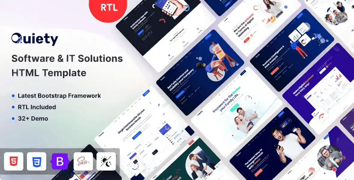 Quiety Software & IT Solutions HTML Template homepage preview showing modern SaaS website design on desktop and mobile