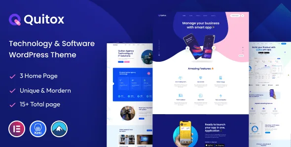 Quitox WordPress theme preview showing software and IT solutions website layout