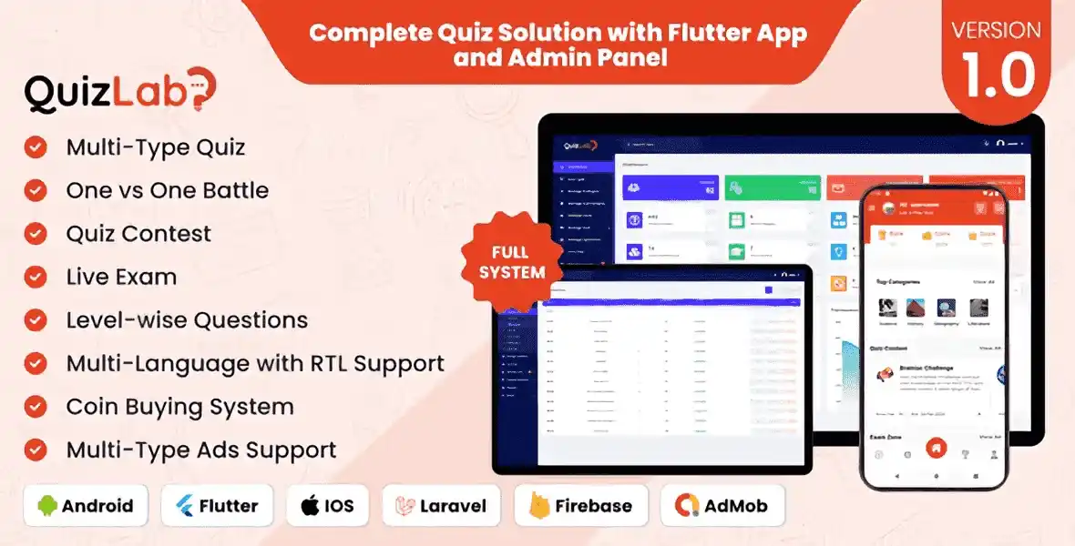 QuizLab quiz platform script showing the admin dashboard and Flutter mobile app interface