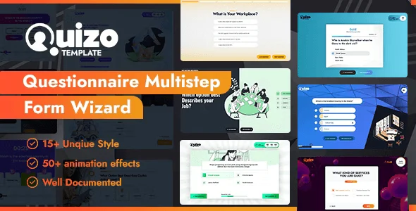 Quizo multistep quiz form template preview with Bootstrap 5 design variations and progress bar components