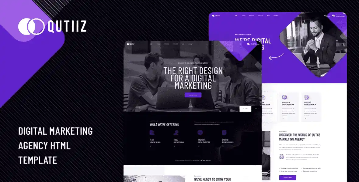 Qutiiz digital marketing agency HTML template homepage preview showing modern agency layout with Elementor PRO editing interface