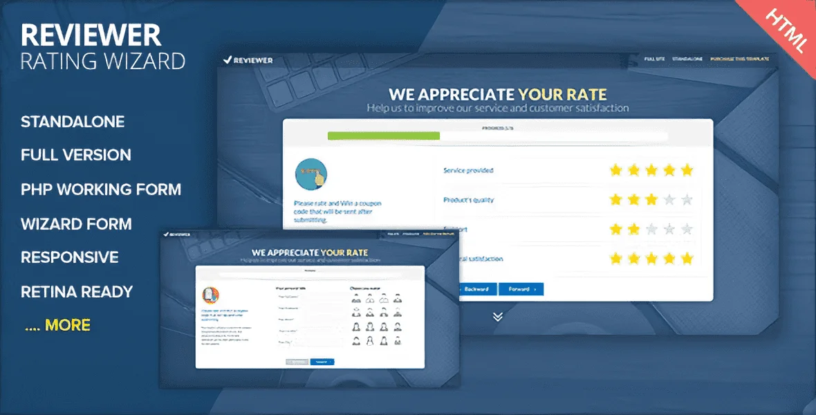 Rating and Review Wizard HTML Template with multi-step form and progress bar built for Elementor