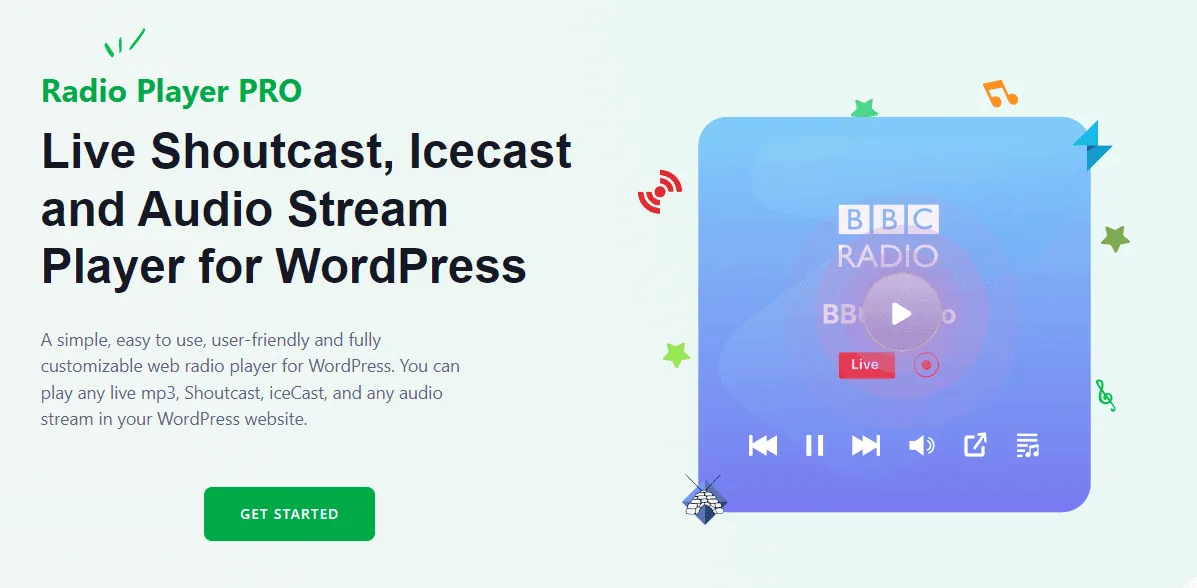 Radio Player PRO WordPress live radio player plugin interface with sticky audio player and multiple station skins