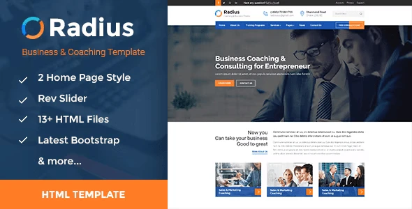 Radius HTML template preview for training coaching and business websites