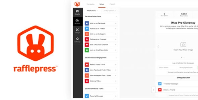 RafflePress Pro WordPress giveaway plugin dashboard showing drag-and-drop campaign builder