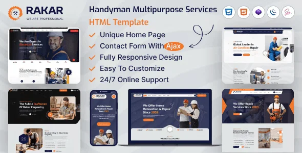 Rakar home services HTML template preview showing responsive design for trade businesses